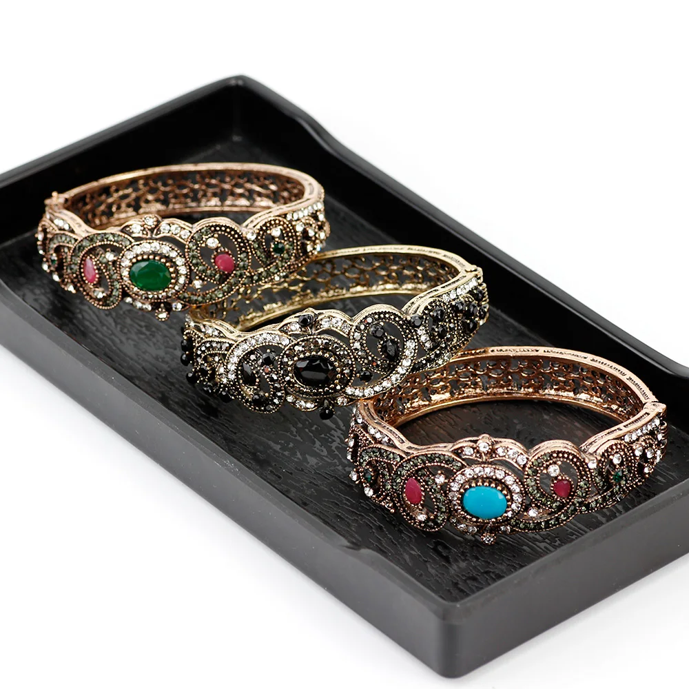 Sunspicems Retro Vintage Turkish Crystal Cuff Bracelet Antique Gold Color Ethnic Wedding Bangle Jewelry Gift