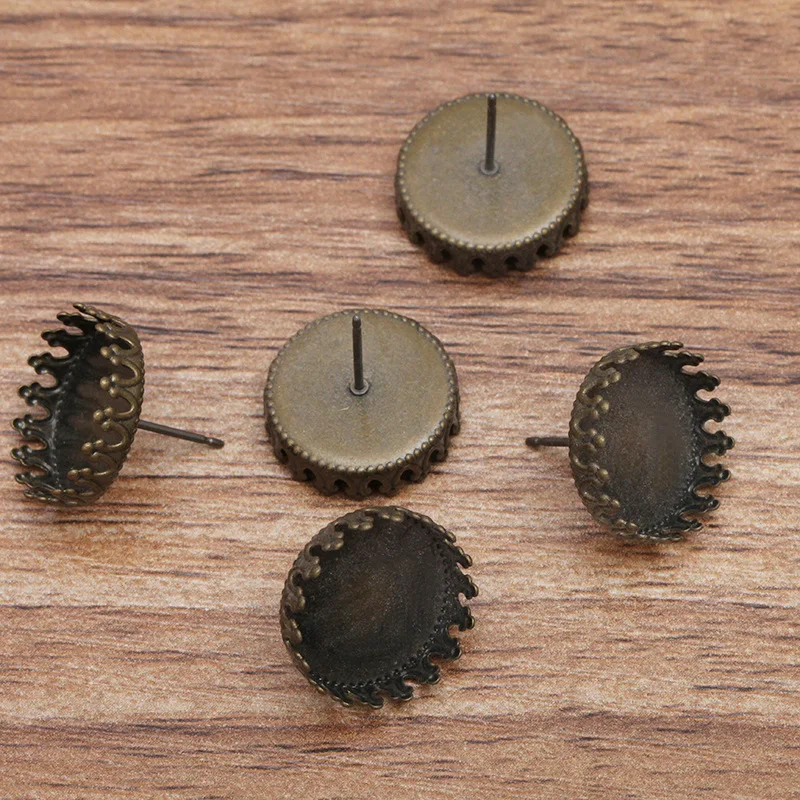 500pcs Antique Bronze tone Stud Earring Base 15mm Round Glass Resin Cabochon Bezel Settings DIY Post Pin Earrings Findings