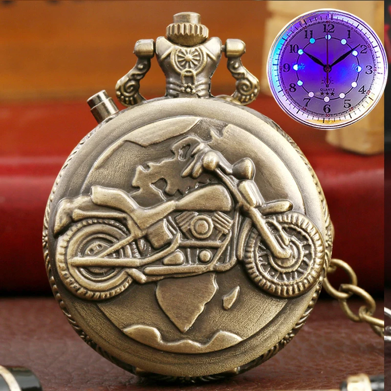 Retro Motorcycle CAR Pattern Quartz Pocket Watch Luminous LED Flash Motorbike MOTO Design Pendant Fob Watch Chain Gifts for Men