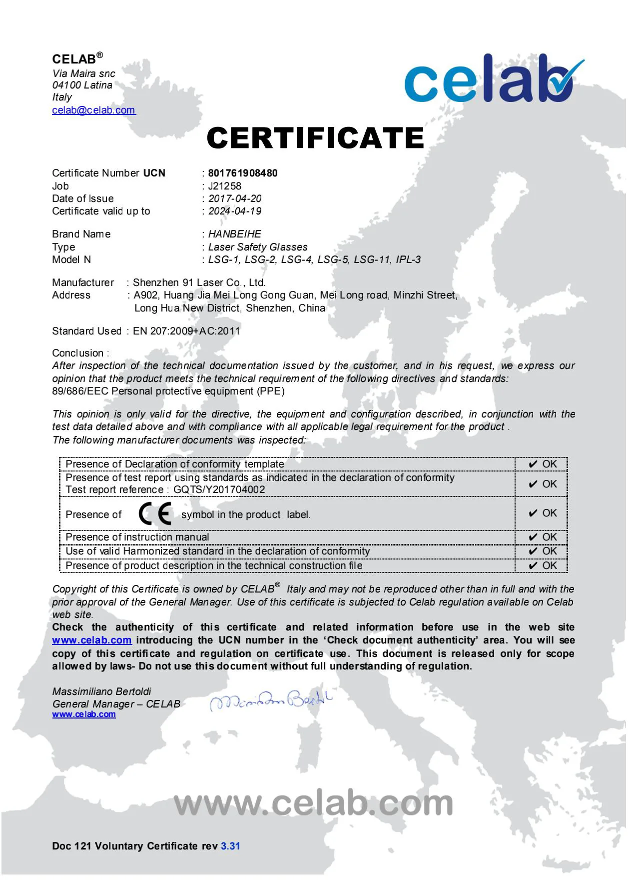 LSG-9 190-490nm OD6+ CE For 405nm 445nm 450nm 473nm violet and blue laser safety glasses VLT 50% With Case and Cloth