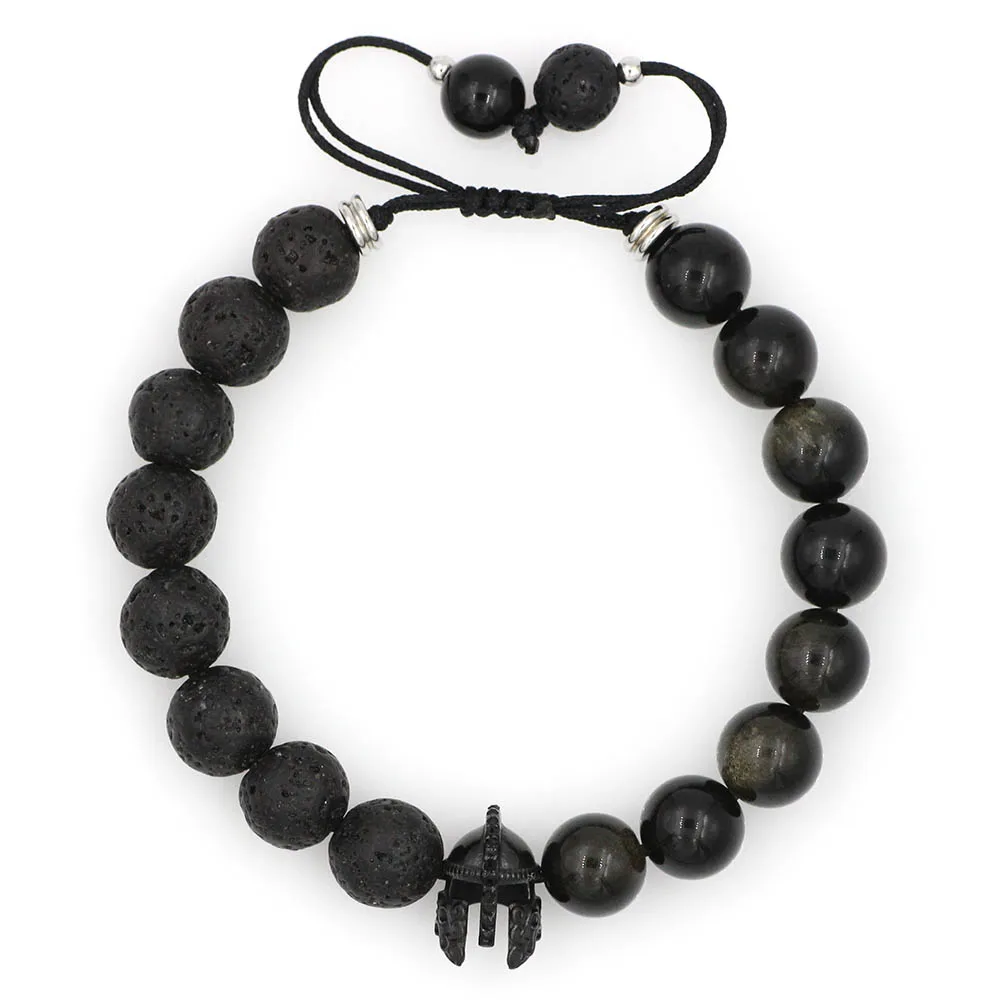 Lava Stone Beads Bracelet Stainless Steel Roman Knight Spartan Warrior Gladiator Helmet Strand Bracelets for Men Jewelry Hombres