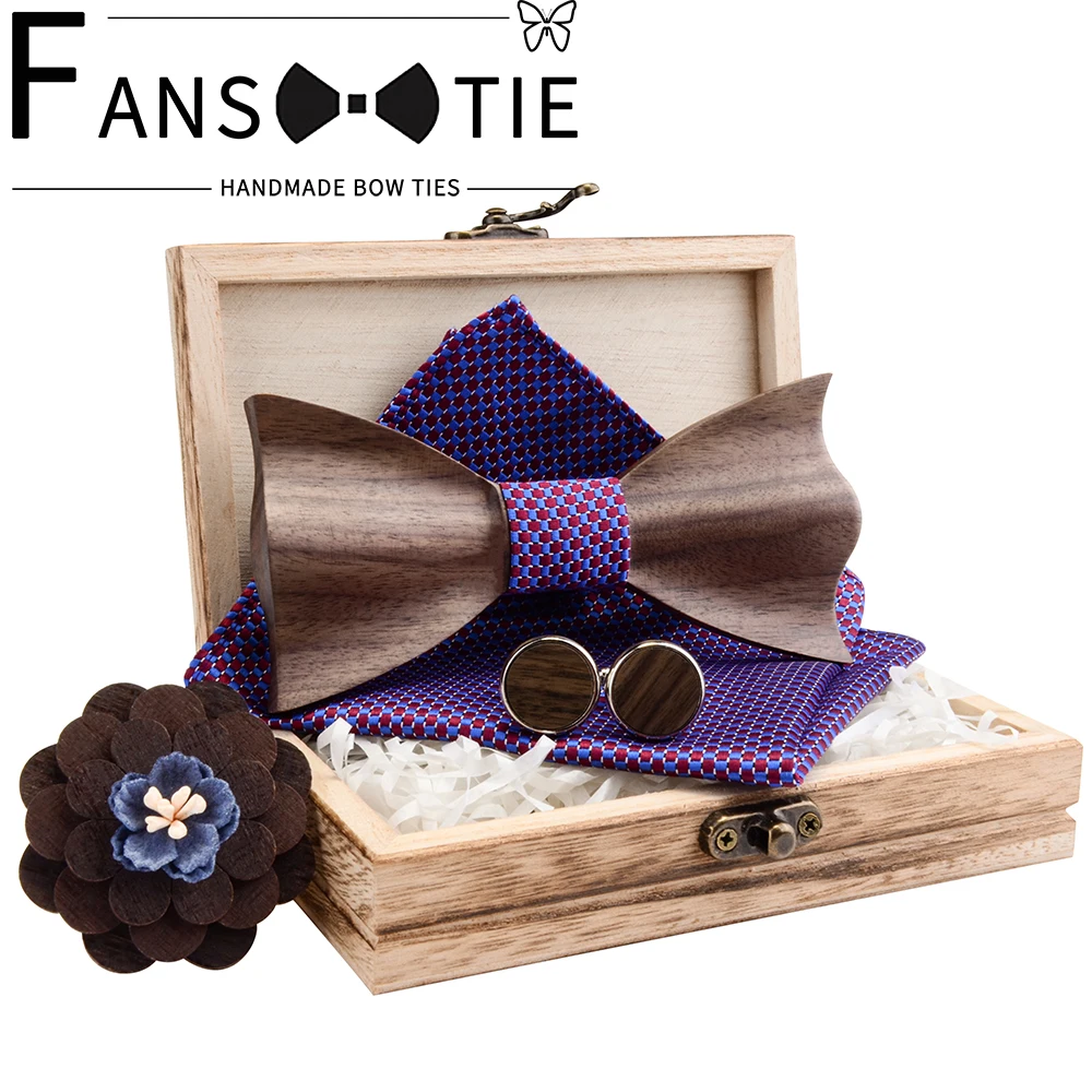 

New 2020s Adjustable 3D Wooden Bow Tie Set Plaid Floral Pocket Square Brooch and Cufflinks With Wood Box For Men Bowtie Wedding