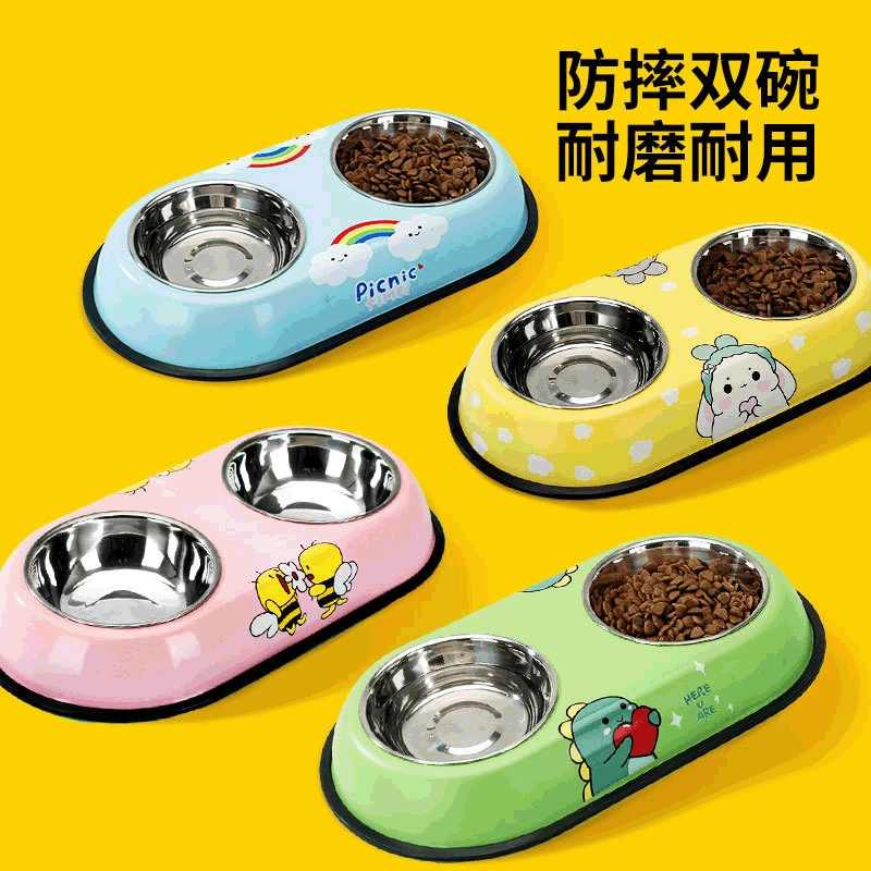 

New Cartoon Pet Stainless Steel Dog Bowl Double Bowl Dog Cat Food Bowl Drinking Bowl Pet Bowl