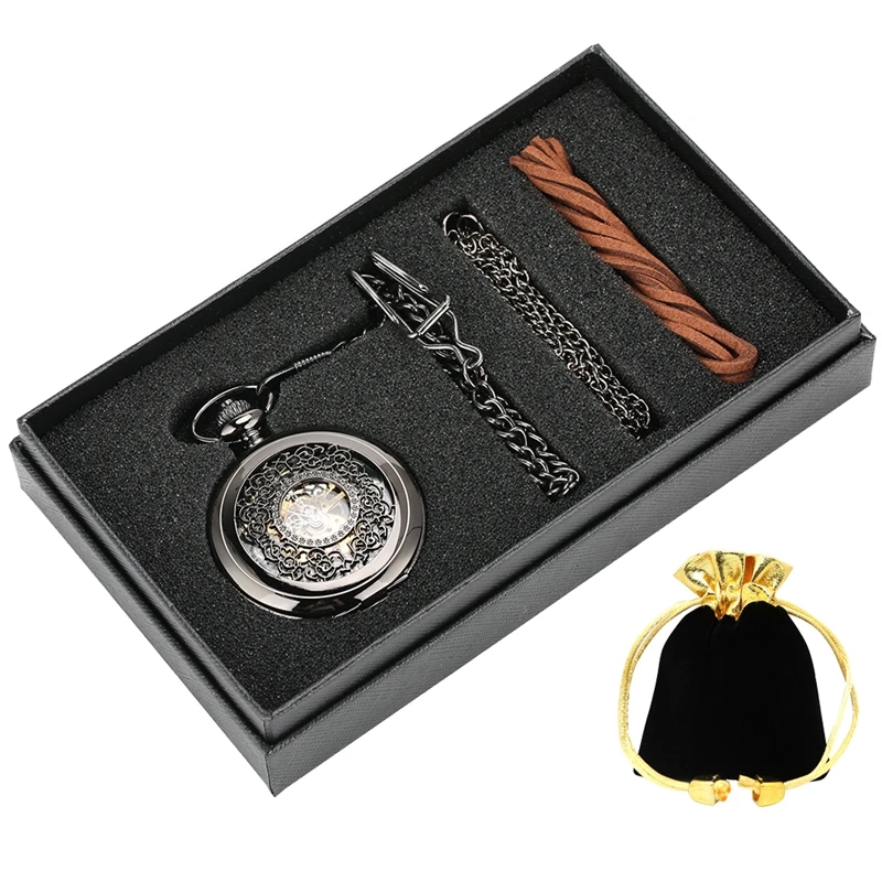 Retro Hollow Out Black Mechanical Pocket Watch Gifts Set Jewelry Box Necklace Chain Pendant Christmas Gifts for Men Women Friend