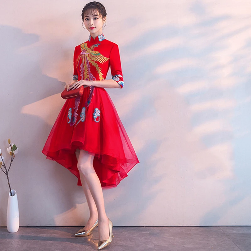 Embroidery Phoenix Traditional Chinese bride Cheongsam Elegant Half Sleeve Wedding Party Bride evening Dress Vintage Cheongsam