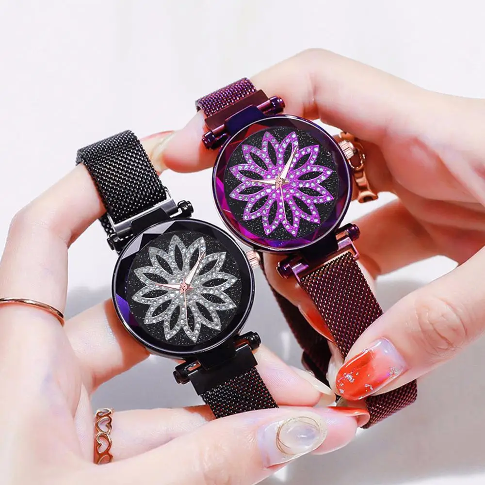 Pop Sale Women Magnet Buckle Starry Sky Flower Watch Plush Stainless Steel Quartz Watch Clock Fashionable