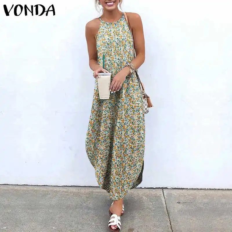 VONDA Summer Women Bohemian Printed Maxi Dress 2023 Sexy Halter Sleeveless Beach Sundress Causal Asymmetrical Long Dresses Robe