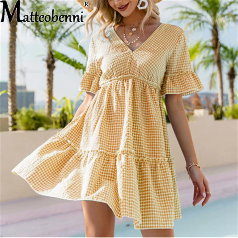 Mini abito Boho moda donna elegante scollo a V Lace-Up Casual stampa scozzese abiti 2022 primavera manica corta Backless Ruffle Dress