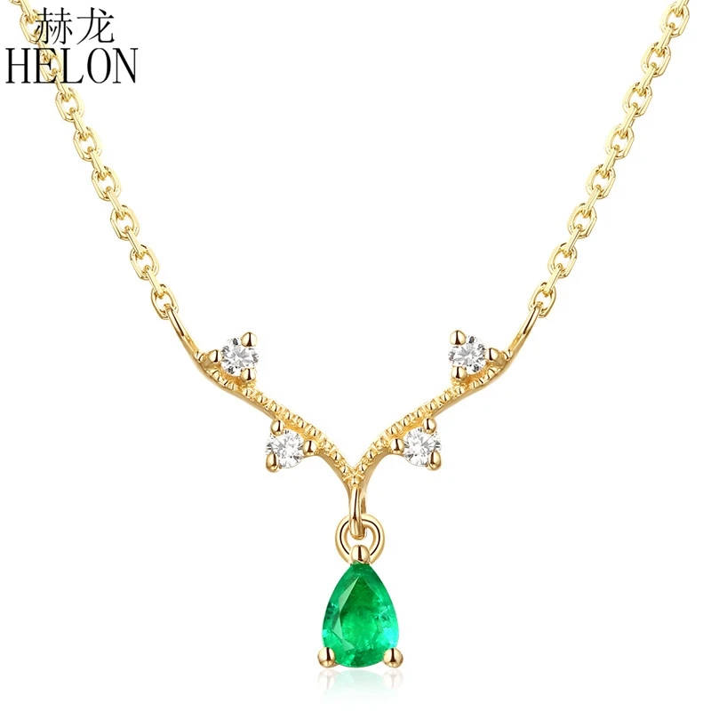 

HELON Solid 18K Yellow Gold Certified Pear 3x4mm 0.18ct Genuine Natural Emerald Diamonds Engagement Women Fine Jewelry Necklaces