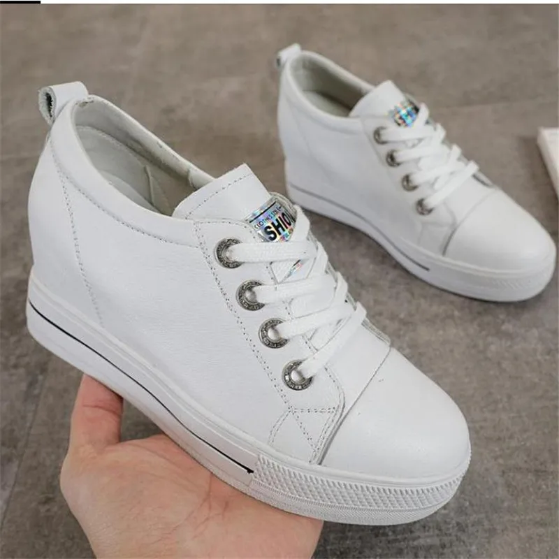 Women Leather Wedges Sneakers Woman Lace-up High heel Platform Shoes Female Height increase Casual Shoes