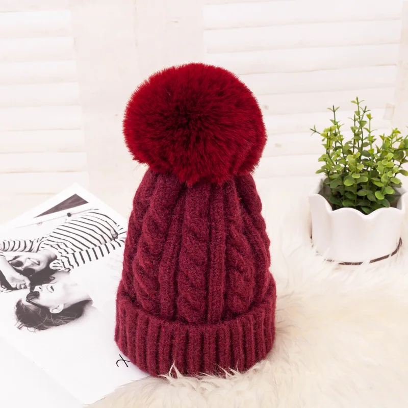 Fashion Knitted Winter Hat Striped Women\'s Winter Hats 2022 Pink Fur Pompom Wool Beanies Thick Skullies Cap Faux Pom pom Hat