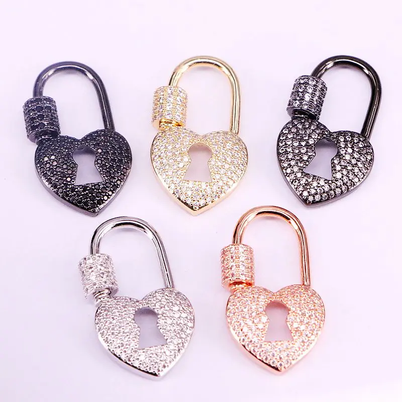 6PCS, CZ Micro Pave Heart Lock Shape Clasp, Gold/Rose gold/Gunmetal/Silver color Shape Clasp Lock, Carabiner Pave Lock, Findings
