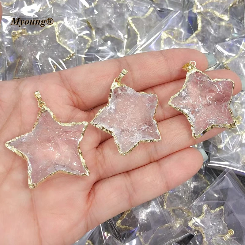 Gold Color Plated Star Shape Knocked Natural Clear Quartz Crystal Necklace Pendant My210904