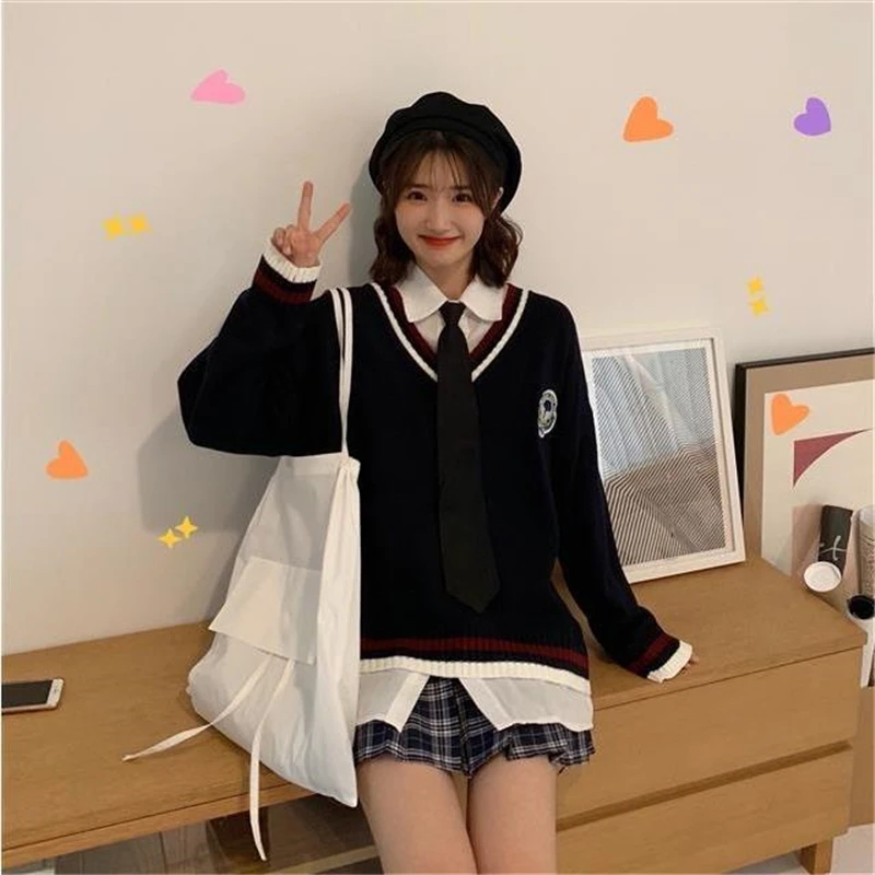 Jersey japonés Preppy Jk de manga larga para estudiantes, Jersey informal holgado de punto con cuello en V, uniforme escolar, novedad de 2021