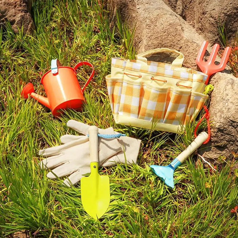 6pcs Kids Gardening Plant Tool Set Bag Gloves Watering Can Rake Fork Plastic