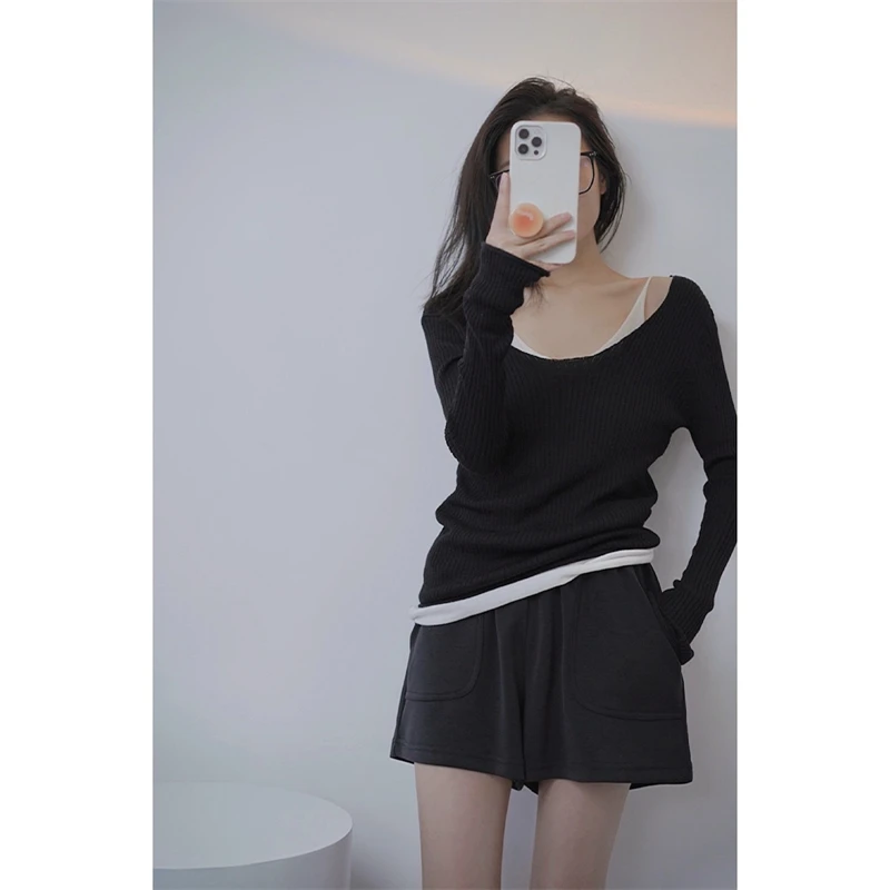 LMQ NEW Women Off Shoulder Fake Two Pieces Of Thin Knitted Pullovers Patchwork With Clavicle Exposed All-Match Solid Tops Chic