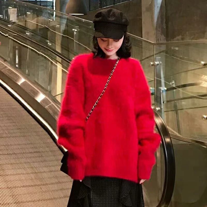 JSXDHK 2024 New Year Sweaters For Women High Quality Autumn Winter Mohair Knitted Thick Warm Red Loose Mink Cashmere Pullovers