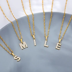 Cute Zircon Initial Letter Pendant Necklace For Women Stainless Steel Gold Color Chain Alphabet Chokers Jewelry Accessories