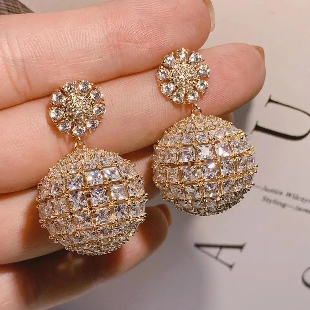 

Luxury Balls Long Dangle Earrings for Women Wedding Full Micro CZ Cubic Zircon Dubai Indian Earrings Bohemia Hot E9521