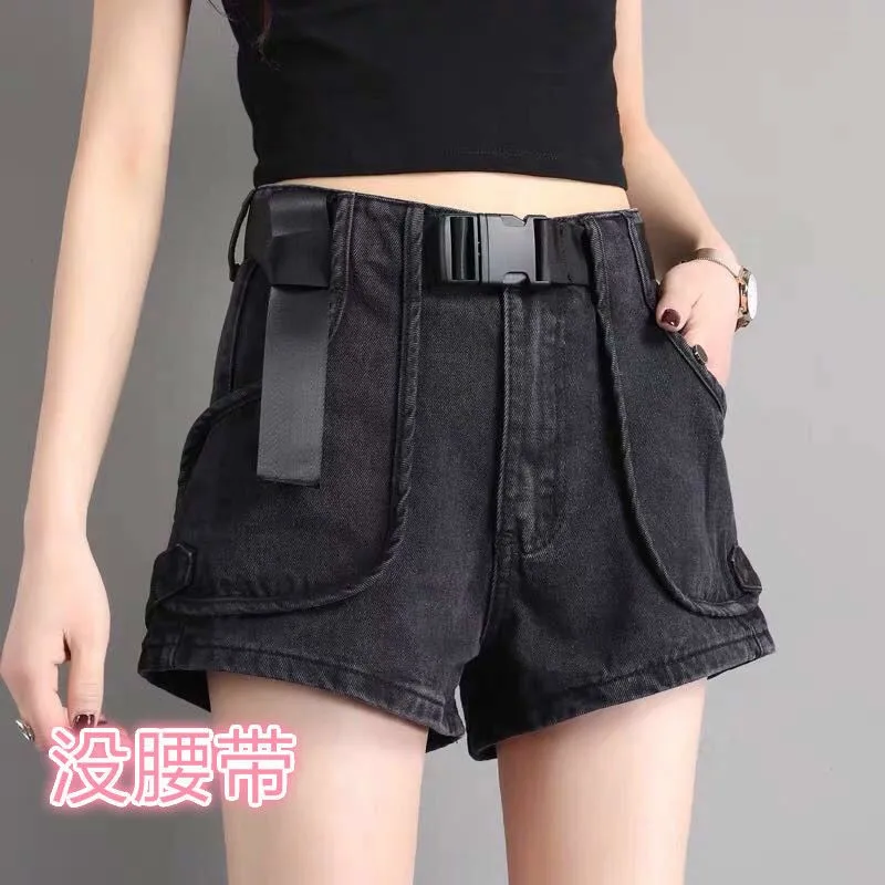 Shorts pretos feminino 2021 verão novo estilo hong kong retro mostrar fino solto cintura alta calças de brim coreano a linha calças quentes moda