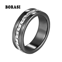 BORASI 7mm Wide Stainless Steel Chain Ceramic Ring Men Black White Color Ladies Rings For Women Fashion Jewelry Female Male Ring