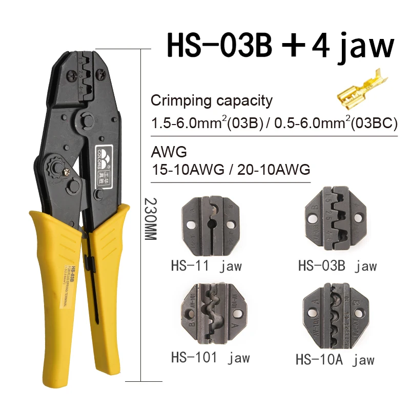 

HS-03B crimping pliers for non-insulated tabs and receptacles self-adjusting capacity 1.5-6mm2 15-10AWG brand hand tools