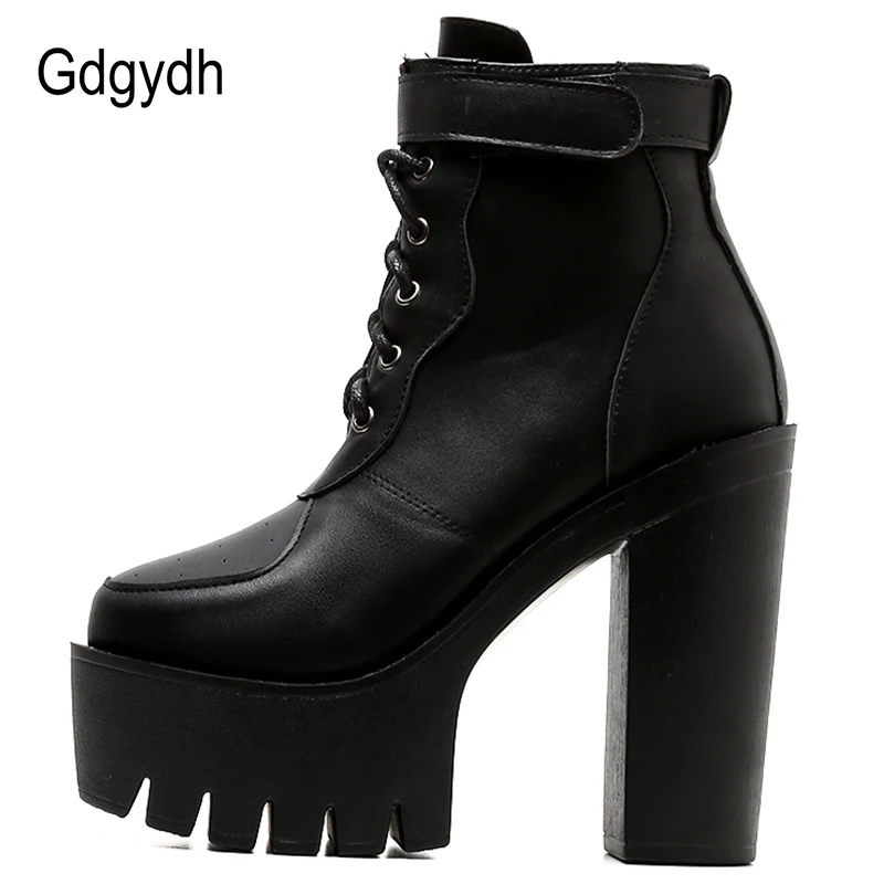 Gdgydh Women Platform Boots Adjustable Buckle Lace up Black Lug Sole Ankle Boots Block Heels Leather Nightclub Comfort