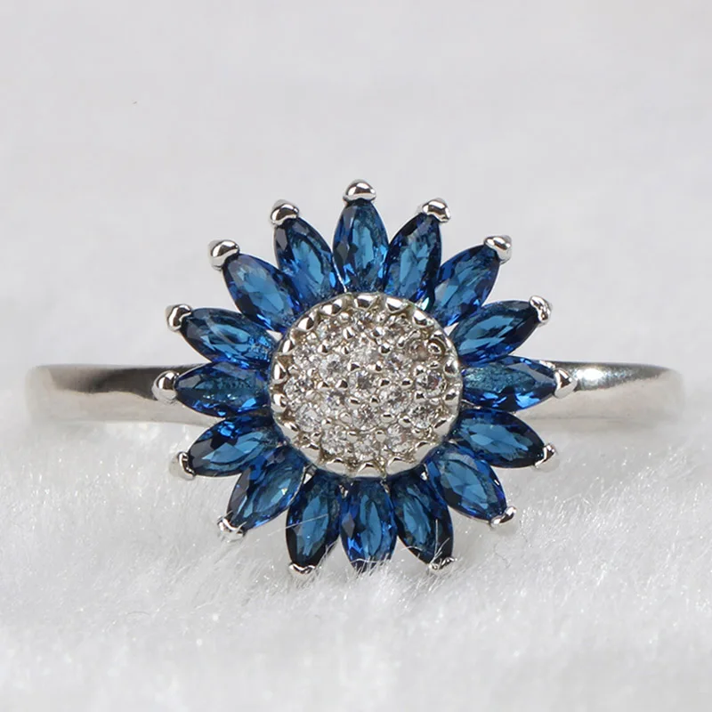 Cellacity Trendy Silver  Ring for Women Gemstones Fine Jewelry Sunflower Sapphire Zircon Blue Female Dating Ring Korean Style