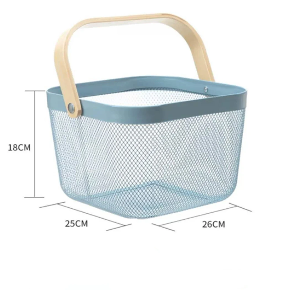 

Metal Portable Basket Hanging Storage Organizer Mesh Steel Fruit Bin with Wood Handle for Cabinets Cupboards Shelves