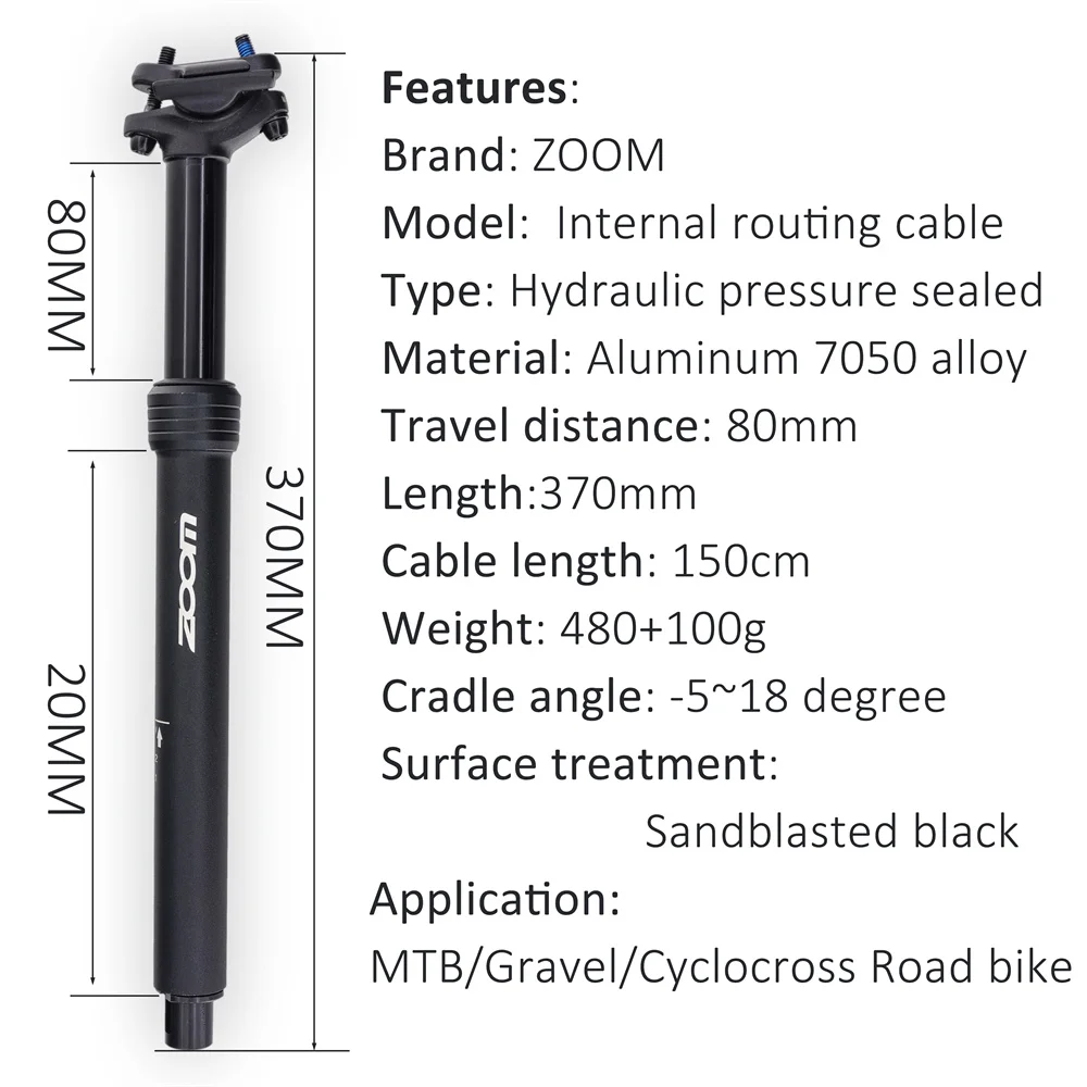 Zoom MTB/Kies Dropper Sattelstütze höhen verstellbare Innen führung 80mm Travel Bike Dropper Sattelstütze 27,2mm