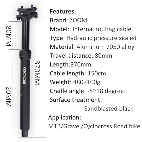 Imagen 2 del producto ZOOM-tija de sillín con gotero para bicicleta de montaña, poste de asiento con altura ajustable, enrutamiento interno, 80mm, 27,2 MM