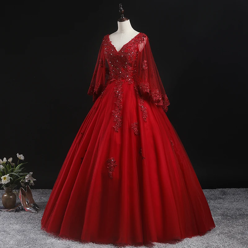 Quinceanera Kleid 2022 Party Prom Kleid Volle Hülse Sexy V-ausschnitt Ballkleid Luxus Spitze Vintage Abendkleider