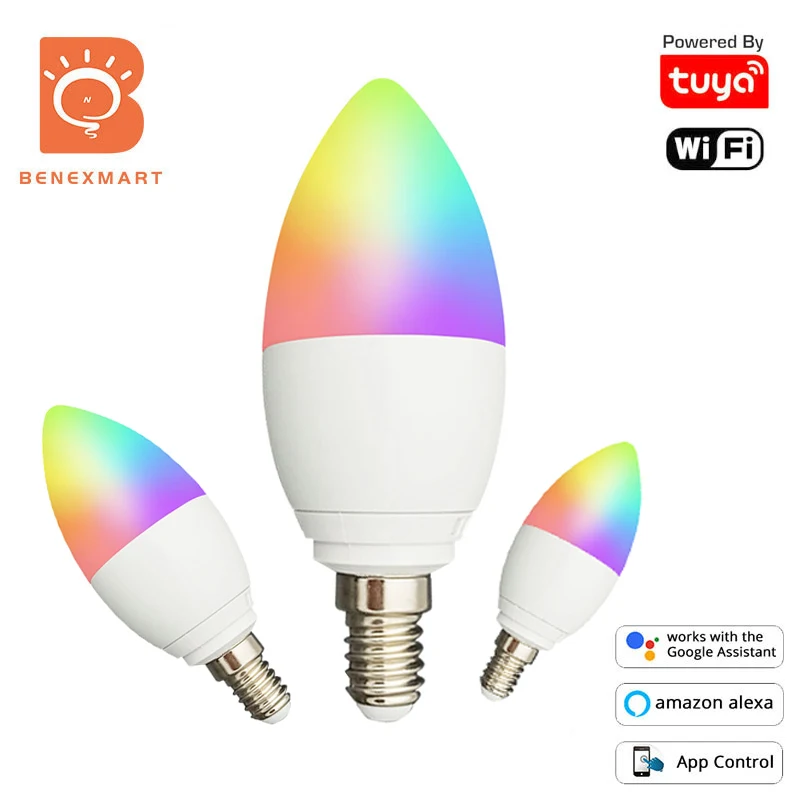 

Benexmart Tuya WiFi E14 LED Candle Light Bulb RGBCW Smart Dimmable Lamp 5W Smart Life App Alexa Google Home Voice Control