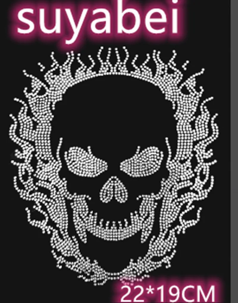 

Flame skull strass iron hot fix rhinestone transfer motifs iron on crystal transfers design iron on applique patches for shirt