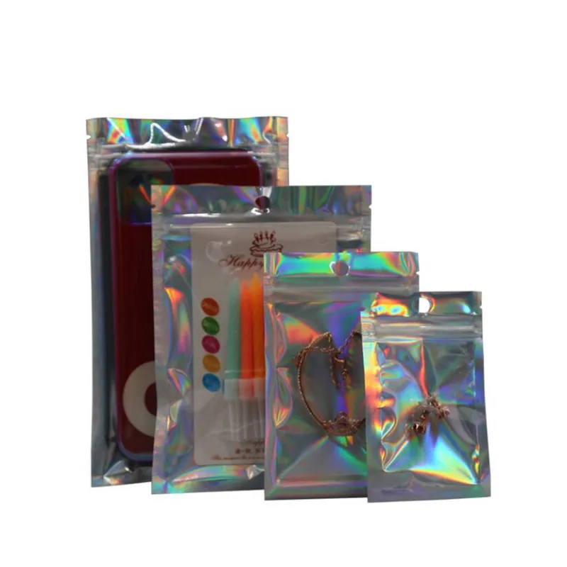 100Pcs Iridescent Zip lock Bags Pouches Cosmetic Plastic Laser Iridescent Bags Holographic Makeup Bags Hologram Zipper Bags