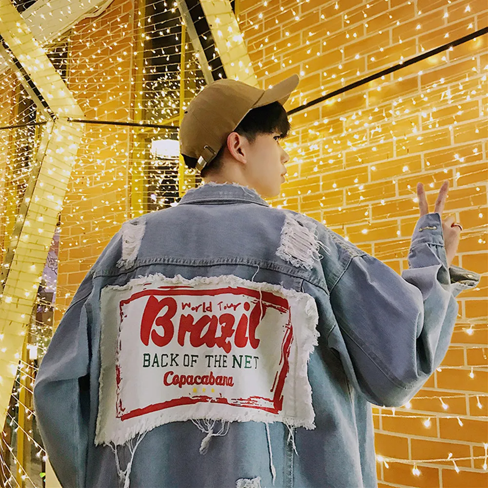 Fashion Men's Jeans Slim Fit MEN'S Jacket Jeans Coat Ins Street Retro Hip-Hop Harajuku BF Wind Hole Washed Denim Jacket