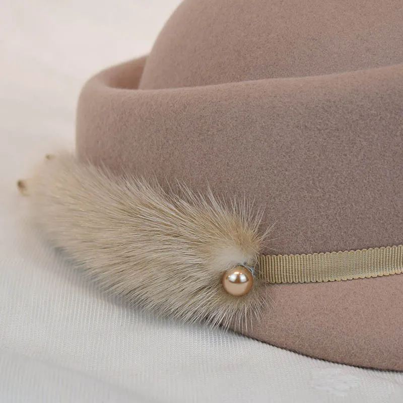 High-end temperament true mink tail dome short eaves basin hat women autumn and winter party hat Beret fashion street photo hat