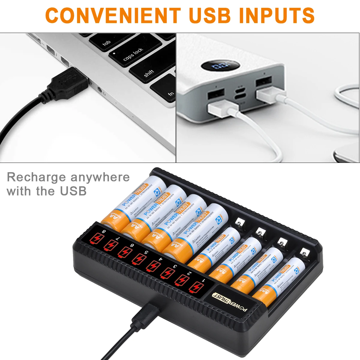 AA AAA Battery Charger 8 Slots Fast Charge with LCD Display for AA AAA Ni-MH Rechargeable Batteries