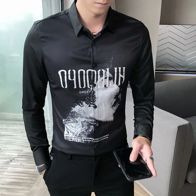 Quality Camisa High Masculina Blouse Homme 2020 Autumn Men's Head Printed Shirt Men's Long Sleeve Dress Shirt Men Retro Shirt