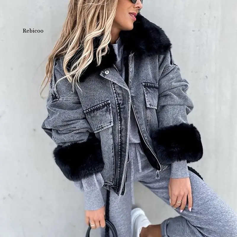 Winter Faux Fox Fur Collar Jackets Women Fashion Short Denim Coats Women Elegant Big Pockets Jackets Female Ladies JM