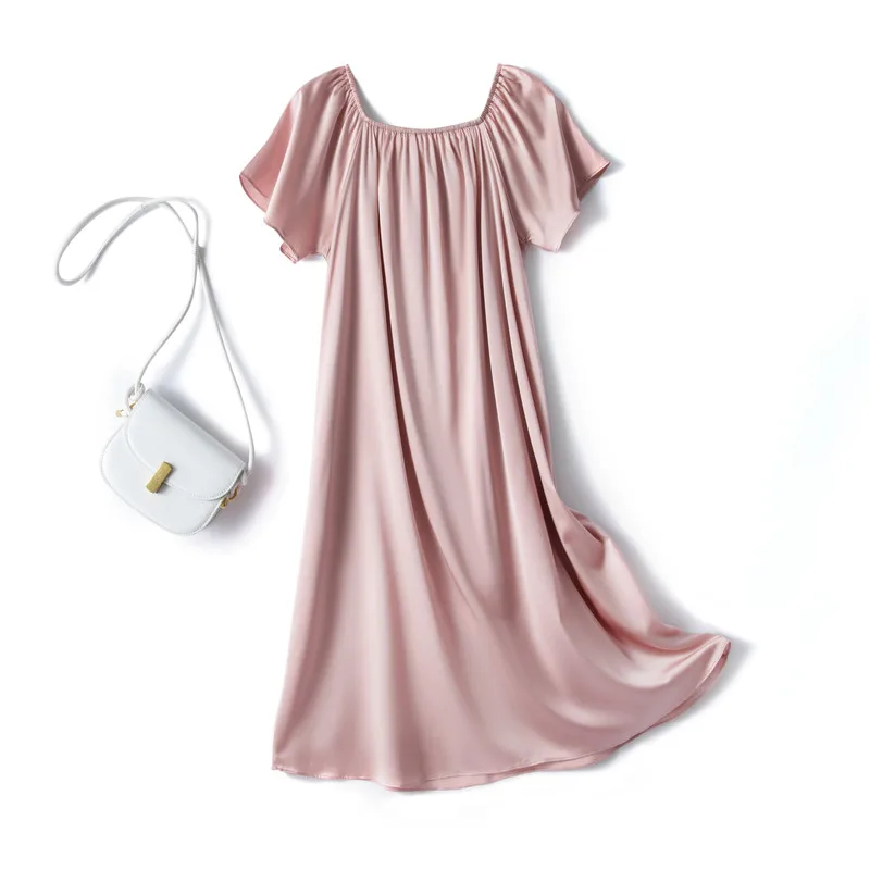 SuyaDream Women Silk Sleepdress Real Silk Mini Length Sleep Dress 2021 Bat Sleeves Nightgrowns Champagne Pink