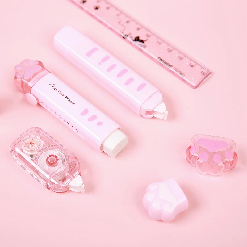 1Pcs Kawaii Cat Claw Learning Set Learning Stationery Ruler Utility Knife Pencil Sharpener Point Glue Correction Tapes