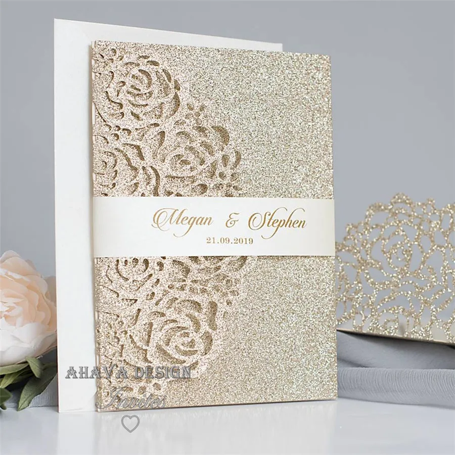 Beautiful Luxury Glitter Champagne Laser Cut Wedding Invitation, Invitation With RSVP Suite Die cut