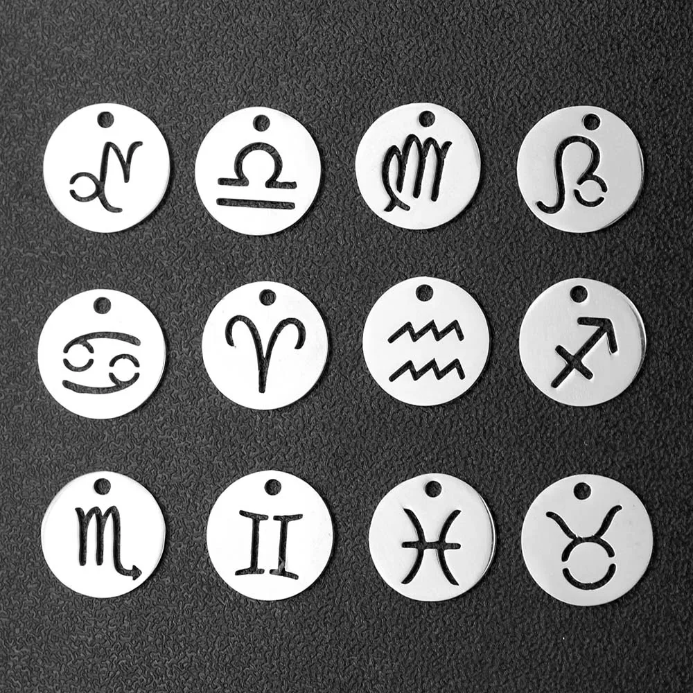 12pcs/lot Stainless Steel 12mm Round All Twelve Signs Zodiac Charms DIY for Making Jewelry Different Signs