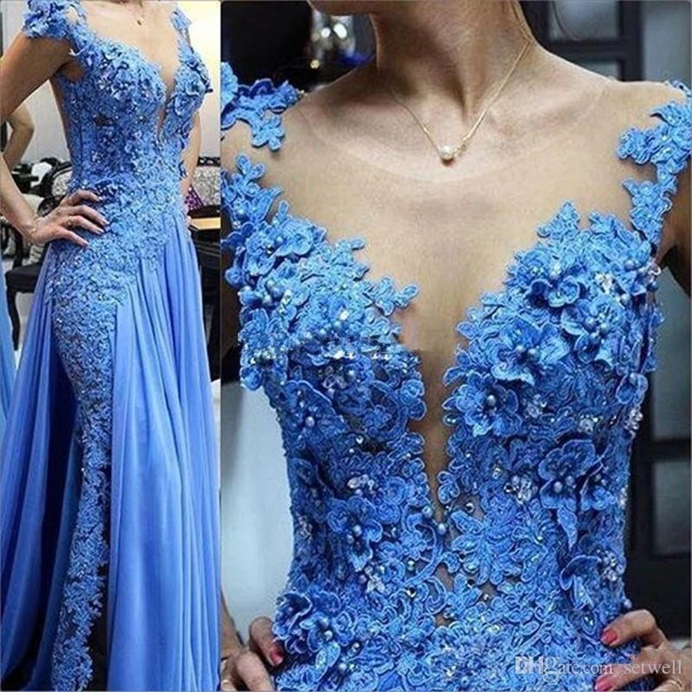 Blue Lace Appliques Mother of the Bride Dresses Illusion Pearls Beading Formal  Evening Wedding Party Guest Gown Plus Size