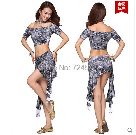 Belly dance costume leopard Peacock top+milk silk short skirt 2pcs/set for belly dancing set