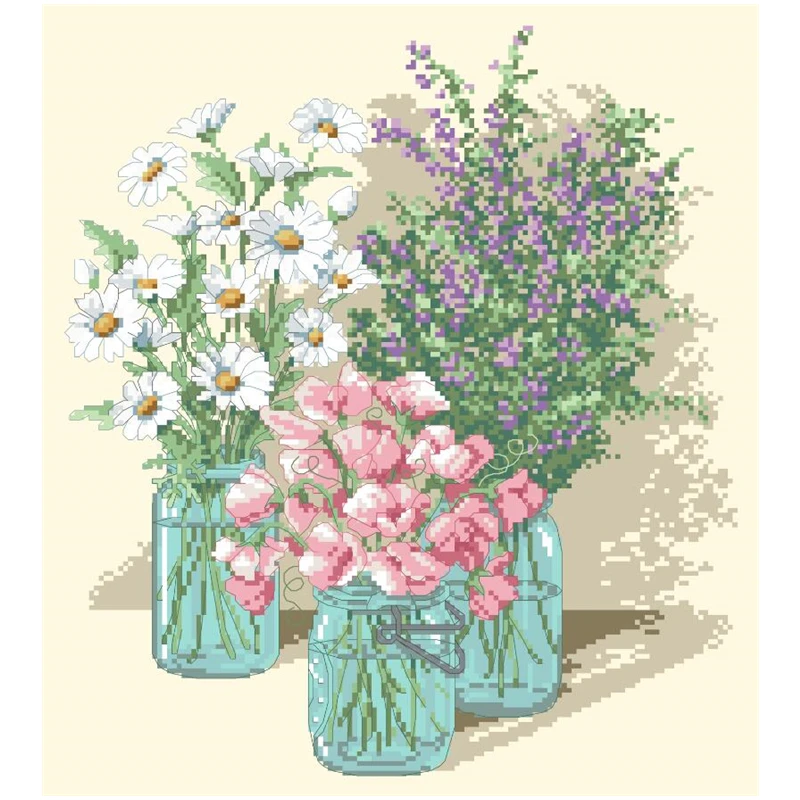 

Three bottles of flowers cross stitch package 18ct 14ct light yellow cloth cotton thread embroidery DIY handmade needlework