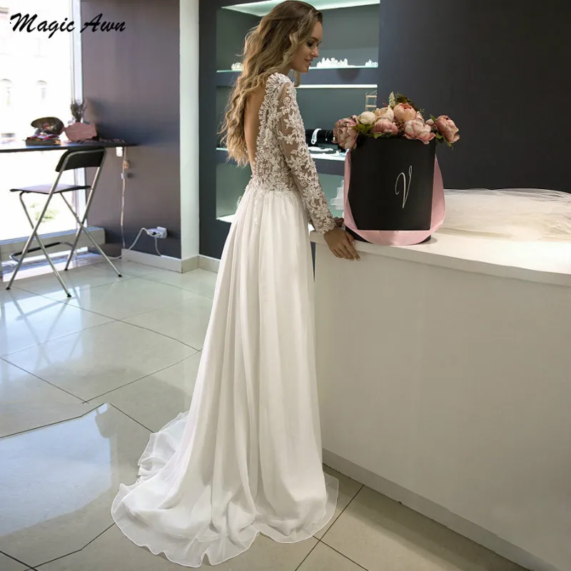 Magia awn chique boêmio vestidos de casamento rendas apliques ilusão mangas compridas chiffon praia vestidos de noiva oprn voltar robes mariee