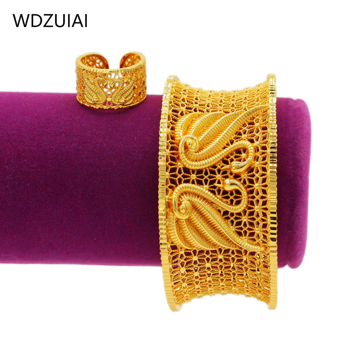 WDZUIAI Top Quality Swan Bangle Amercian Women Bridal Wedding Gold Color/Copper Cuff Bracelet&Ring Set African Party Jewelry