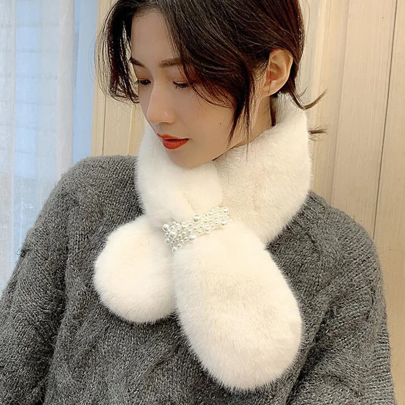 Korean Female Soft Faux Rabbit Fur Cross Pearl Scarves Winter Plush Thicken Windproof Warm Neck Guard False Collar Scarf O51